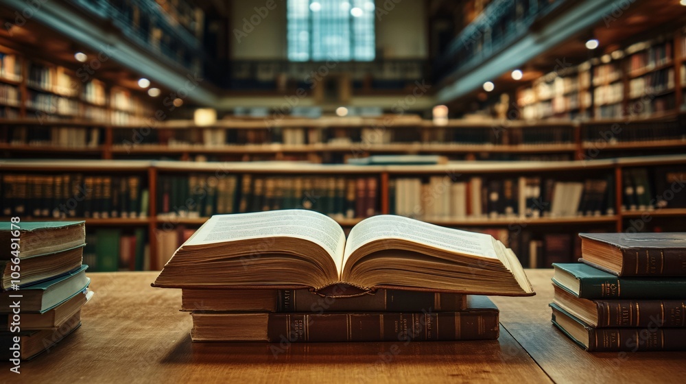 2410 40.A stack of closed books next to an open one on a wooden table, with the pages of the open book gently folded. The background reveals rows of bookshelves filled with books in a school setting, 2410 40.A stack of closed books next to an open one on a wooden table, with the pages of the open book gently folded. The background reveals rows of bookshelves filled with books in a school setting,