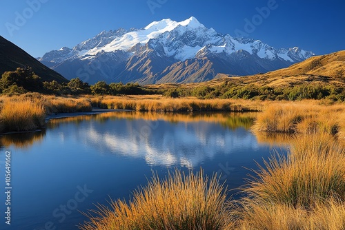 A stunning view of a snow-capped mountain reflected in a calm lake, with golden grass in the foreground and a blue sky overhead.