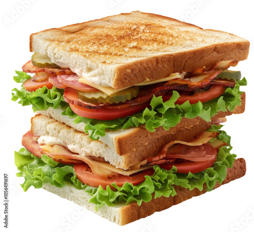 Layered deli meat sandwich with lettuce and tomato on transparent background