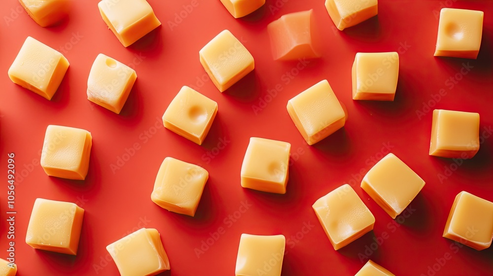 Square Caramel Candies on Red Background Square Caramel Candies on Red Background