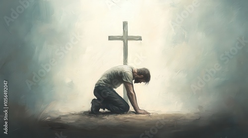 A man kneeling in front of a cross
