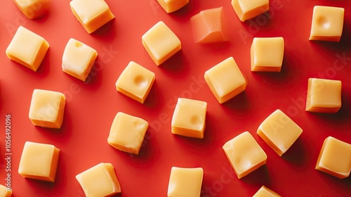 Square Caramel Candies on Red Background