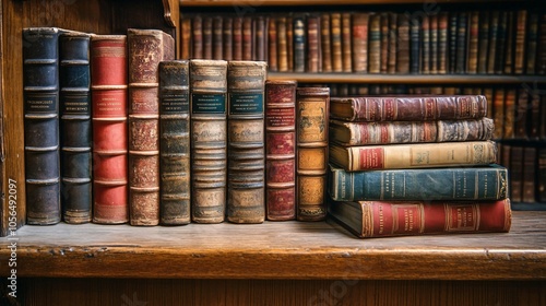 2410 49.A close-up view of books on a wooden shelf in a library, with colorful spines standing out against the wooden backdrop. The well-organized shelves in the background provide a quiet,