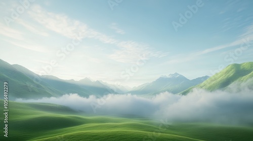 A mountain range with a cloudy sky and a foggy mist