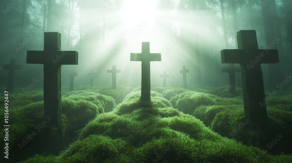 A field of crosses with a bright sun shining on them A field of crosses with a bright sun shining on them