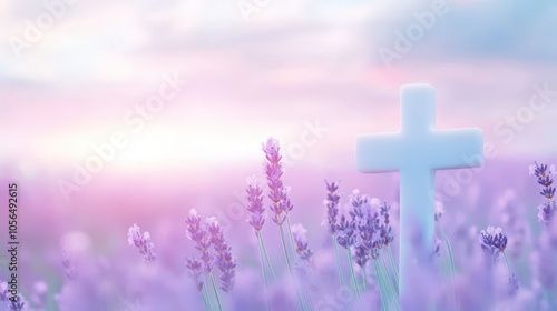 A white cross is in a field of purple flowers