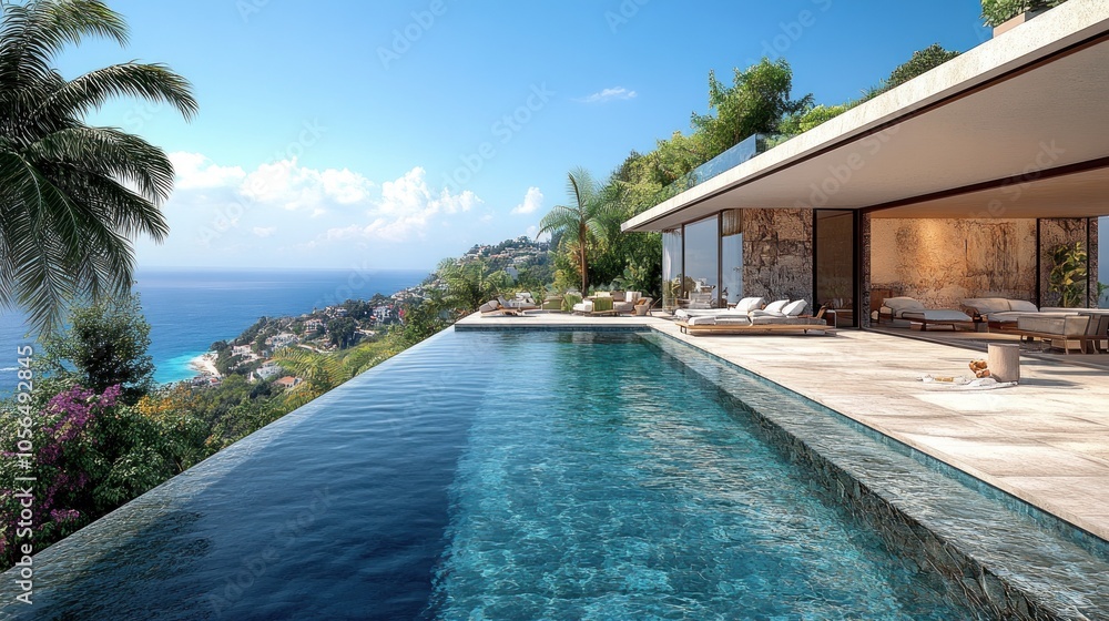 Obraz premium Modern villa with infinity pool overlooking a scenic coastal view.
