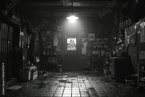 A Dark and Cluttered Backroom with a Single Light Source photo