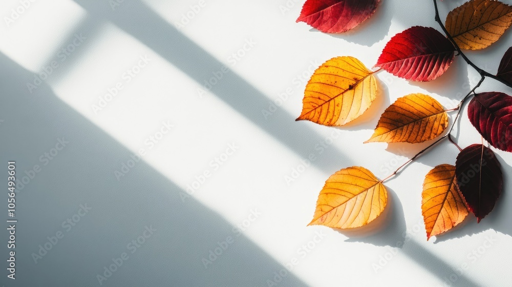 A branch with vibrant, colorful leaves casting shadows on a blank white background, highlighting natural beauty in a minimal setting. A branch with vibrant, colorful leaves casting shadows on a blank white background, highlighting natural beauty in a minimal setting.