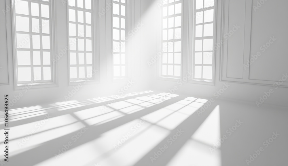 Empty white room with large windows and sunlight streaming in. Empty white room with large windows and sunlight streaming in.