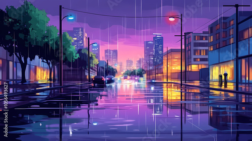 Evening urban landscape with rain-soaked streets reflecting city lights in a modern downtown area. Rain-soaked Streets. Illustration photo