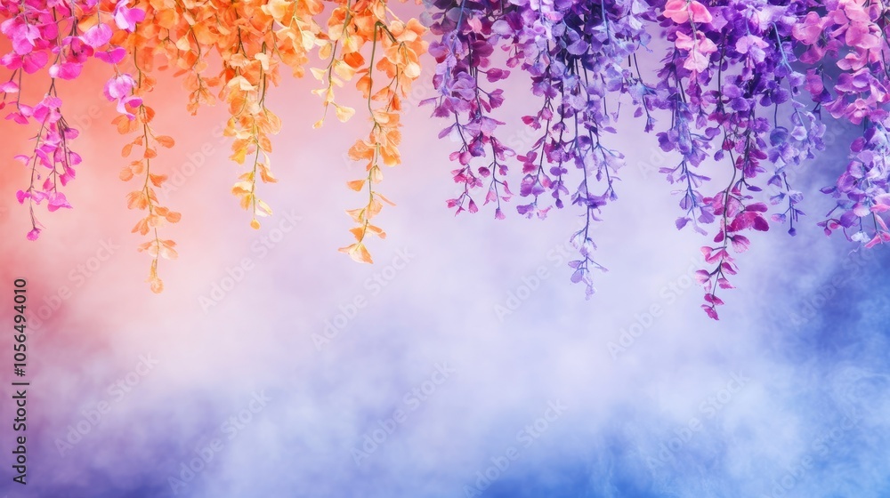 A cascade of hanging blooms in vivid colors, framed by a soothing pastel background, offering a peaceful and serene visual aesthetic. A cascade of hanging blooms in vivid colors, framed by a soothing pastel background, offering a peaceful and serene visual aesthetic.