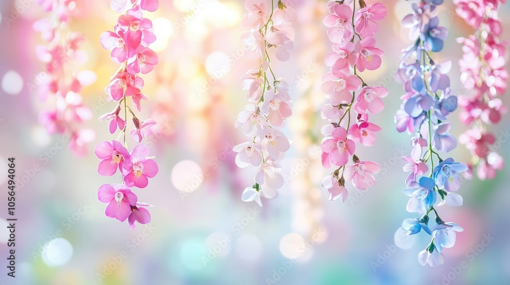 A cascade of hanging blooms in vivid colors, framed by a soothing pastel background, offering a peaceful and serene visual aesthetic. A cascade of hanging blooms in vivid colors, framed by a soothing pastel background, offering a peaceful and serene visual aesthetic.