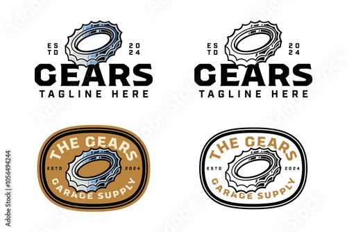 gear ring engine colorful logo design set for garage, automotive, motorcycle club mechanical gear, jagged, serrated crossed illustration outline badge logo template for racing sport