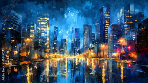 Evening urban landscape with rain-soaked streets reflecting city lights in a modern downtown area. Rain-soaked Streets. Illustration photo