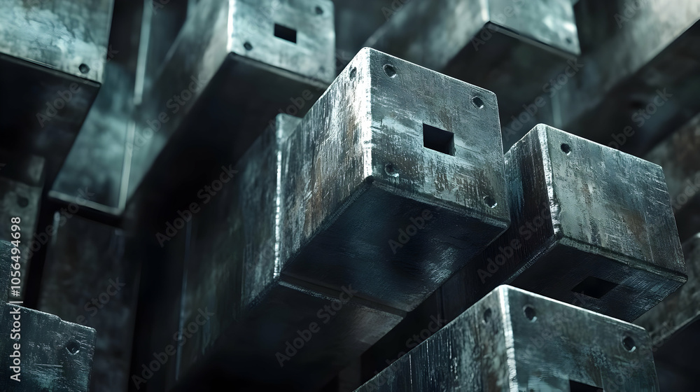 3D Rendered Steel Blocks with Square Holes - Abstract Background 3D Rendered Steel Blocks with Square Holes - Abstract Background