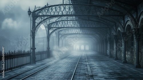 A Foggy, Cobblestone Path Leading Through An Ornate Iron Archway