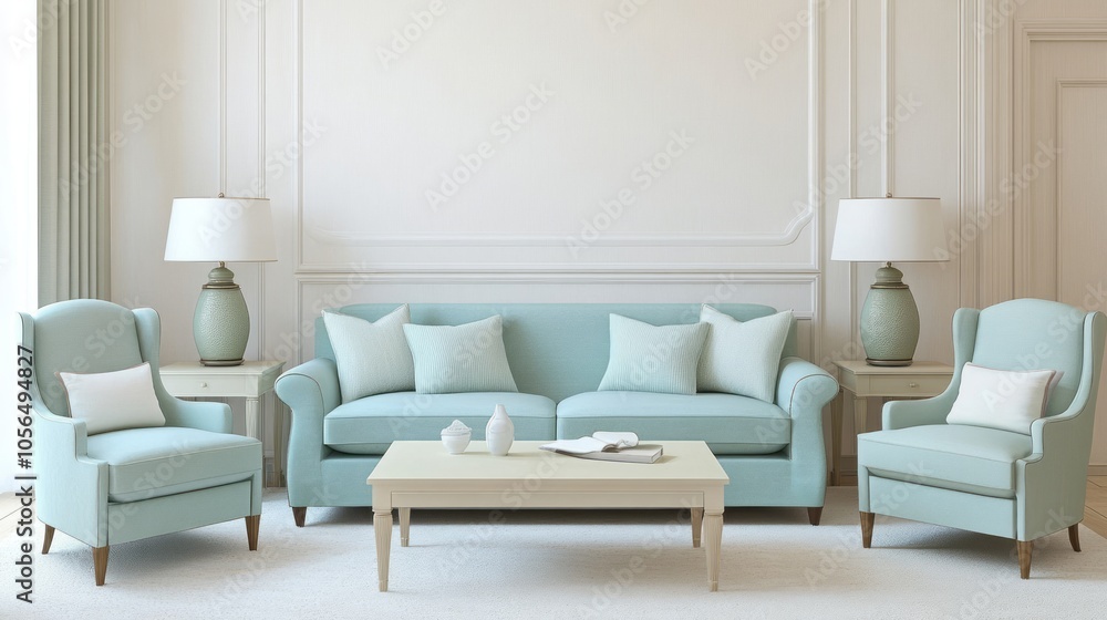 A minimalist living room with cream walls, a sky blue fabric sofa, and mint green accent chairs A minimalist living room with cream walls, a sky blue fabric sofa, and mint green accent chairs