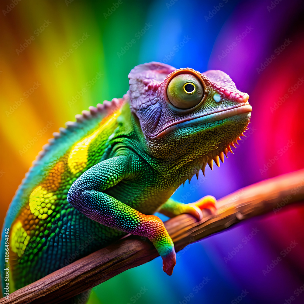 Obraz premium a-chameleon-trying-to-match-its-color-to-a-neon-ra