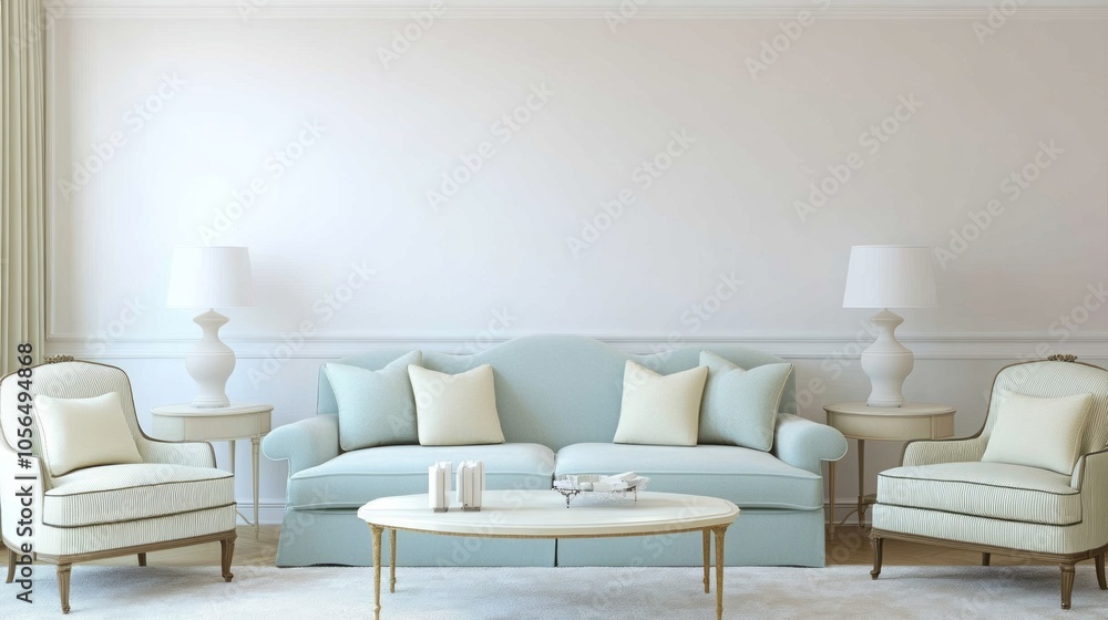 Fototapeta premium A minimalist living room with cream walls, a sky blue fabric sofa, and mint green accent chairs