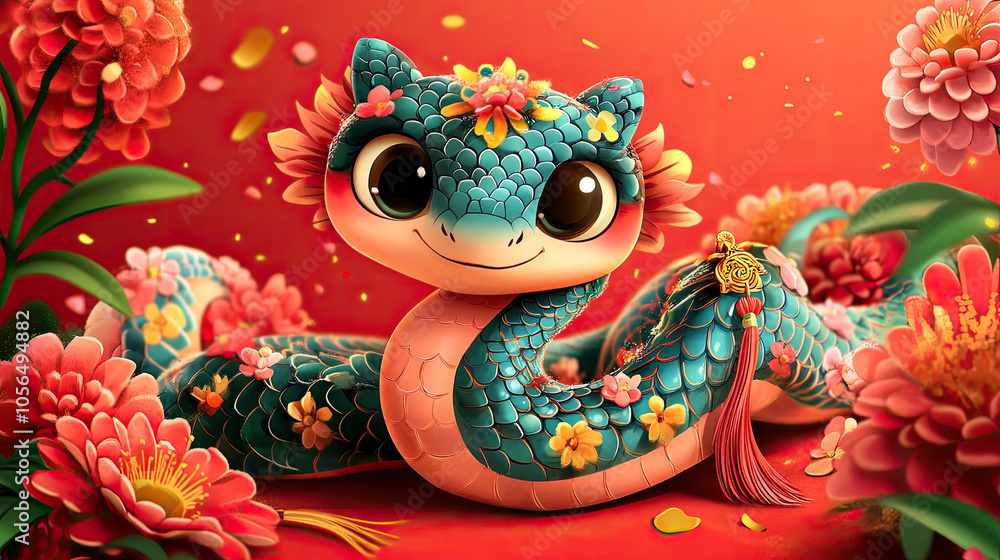 Cute little snake, red background, Chinese New Year Cute little snake, red background, Chinese New Year