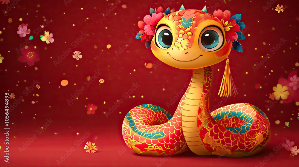 Cute little snake, red background, Chinese New Year Cute little snake, red background, Chinese New Year