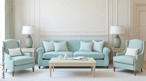 A minimalist living room with cream walls, a sky blue fabric sofa, and mint green accent chairs