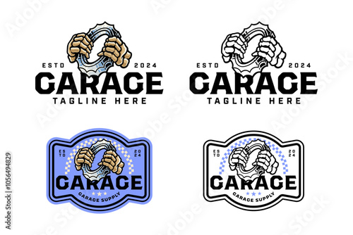 hand skull holding gear ring engine colorful logo design set for garage, motorcycle club bone hand holding gear, jagged, serrated illustration outline badge logo template for racing sport