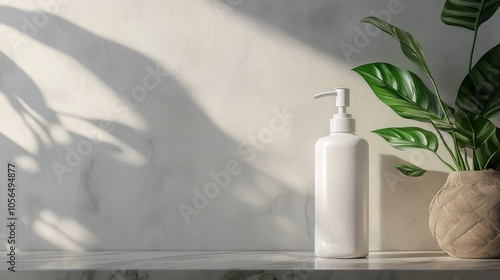 Minimalist Bathroom Setting with Soap Dispenser and Green Plant photo