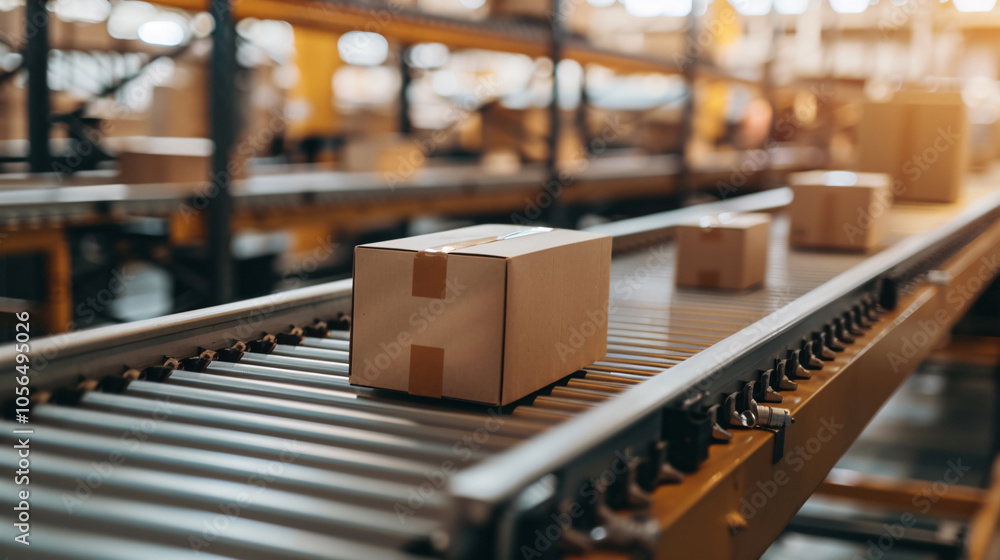 Cardboard boxes move along a conveyor belt in an automated warehouse, illustrating efficiency in modern packaging, sorting, and logistics operations Cardboard boxes move along a conveyor belt in an automated warehouse, illustrating efficiency in modern packaging, sorting, and logistics operations