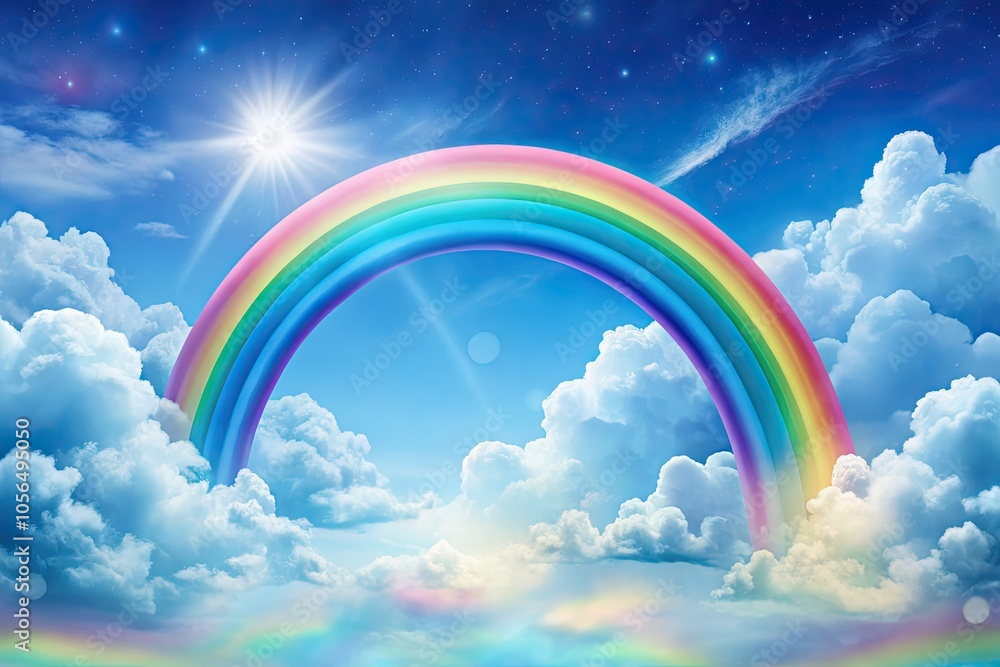 A charming hand-drawn rainbow adorned with cute pink and blue clouds floats in a whimsical sky, creating a joyful atmosphere perfect for children's art and nursery decor. A charming hand-drawn rainbow adorned with cute pink and blue clouds floats in a whimsical sky, creating a joyful atmosphere perfect for children's art and nursery decor.