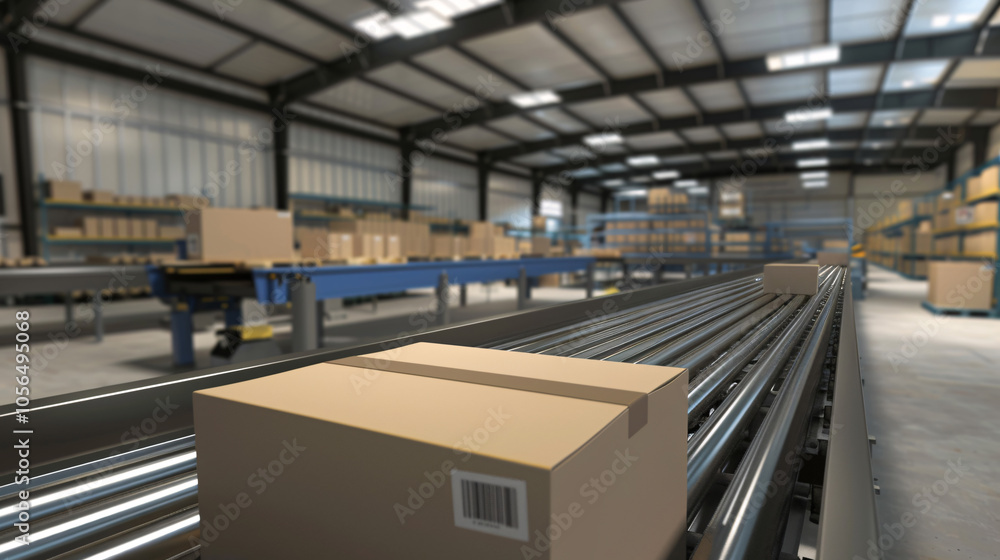 Close-up of cardboard boxes moving along a conveyor belt in a spacious, automated warehouse facility, representing efficient package handling Close-up of cardboard boxes moving along a conveyor belt in a spacious, automated warehouse facility, representing efficient package handling