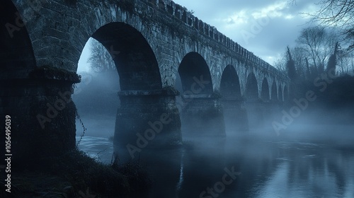 Stone Arch Bridge Over Foggy River at Dusk