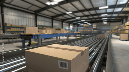 Close-up of cardboard boxes moving along a conveyor belt in a spacious, automated warehouse facility, representing efficient package handling photo