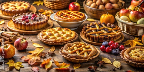 A charming showcase of homemade pies and treatsâ€”apple pies, fruit tarts, cookies, and moreâ€”adorning a rustic table, inviting all to indulge in sweet delights. photo