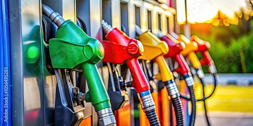 A close-up shot of fuel nozzles at a Bangkok service station, enhanced with a bokeh effect, showcases the gas pump dashboard for gasohol and diesel fueling.