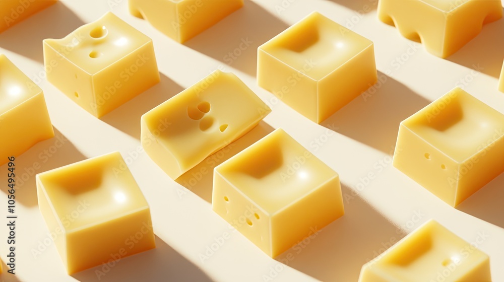 Square Pieces of Swiss Cheese with Holes on a Beige Surface Square Pieces of Swiss Cheese with Holes on a Beige Surface