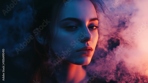 Close up portrait of a woman with colorful smoke behind her.