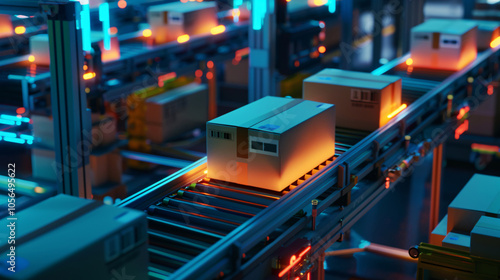 Close-up of cardboard boxes on a futuristic conveyor system, illuminated by vibrant neon lights, showcasing automated packaging and logistics technology