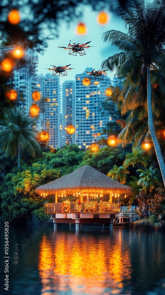 Obraz premium Serene evening scene with gazebo, drones, and glowing lanterns over water