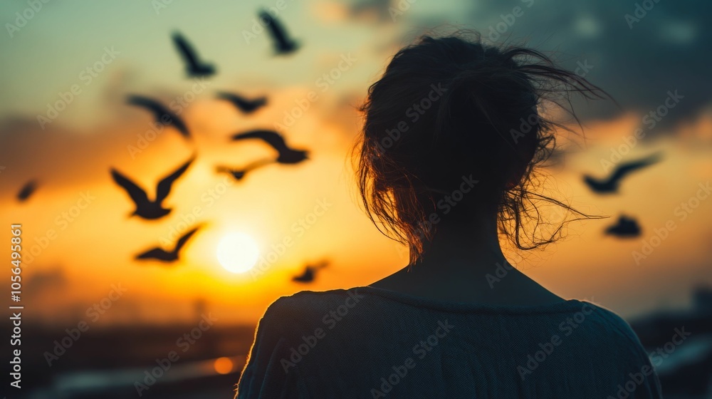 Silhouette of a woman watching birds fly by during sunset. Silhouette of a woman watching birds fly by during sunset.