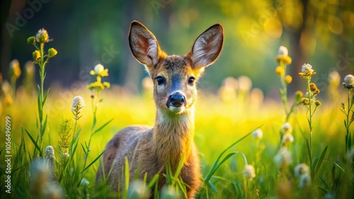 Adorable Roe Deer in Spring Meadow: Nature Photography of a Curious Fawn Among Greenery