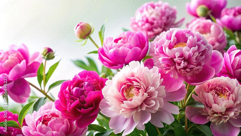 Vibrant peonies in full bloom against a soft white background, elegant decor, wildflowers, lush flowers
