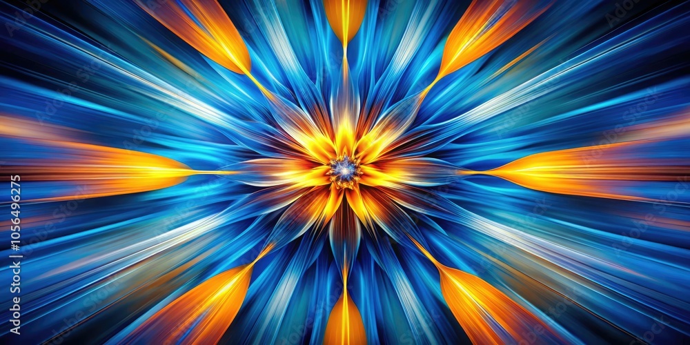 Obraz premium A dynamic abstract piece with a blue focal point and radiant orange and yellow accents, perfect for modern interiors and stimulating creative atmospheres.