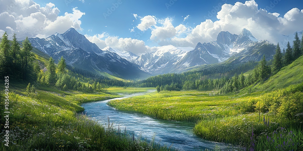 A winding river meanders through a lush green valley framed by snow-capped mountains under a bright blue sky with fluffy clouds. A winding river meanders through a lush green valley framed by snow-capped mountains under a bright blue sky with fluffy clouds.