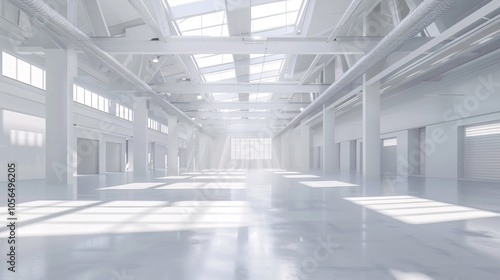 Spacious, empty industrial warehouse with skylights and polished floors, featuring high ceilings and modern architecture bathed in natural light