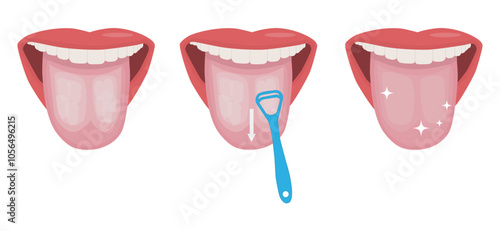 Cleaning tongue process before and after with scraper cleaner
