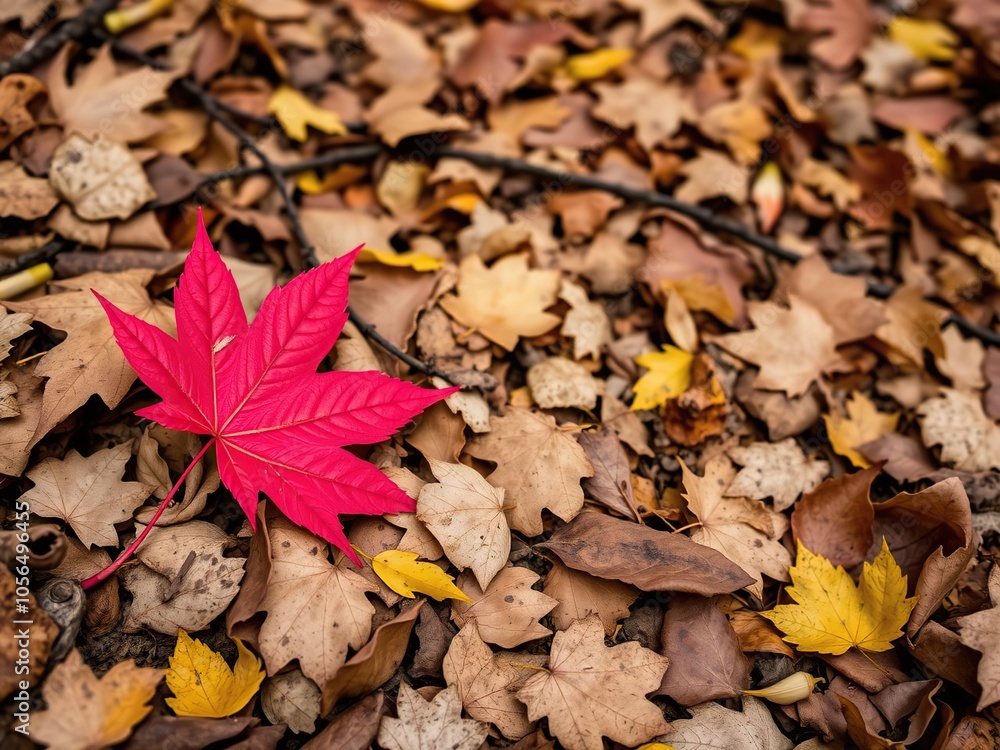 Vibrant red maple leaf resting on forest floor covered with fallen leaves, beauty, peaceful, forest Vibrant red maple leaf resting on forest floor covered with fallen leaves, beauty, peaceful, forest