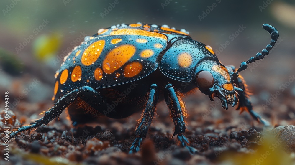 Colorful beetle crawling over sandy substrate in shallow water Colorful beetle crawling over sandy substrate in shallow water