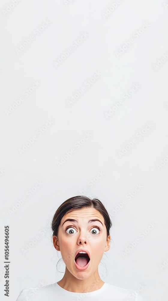 Surprised woman with wide eyes expressing shock or disbelief indoors Surprised woman with wide eyes expressing shock or disbelief indoors